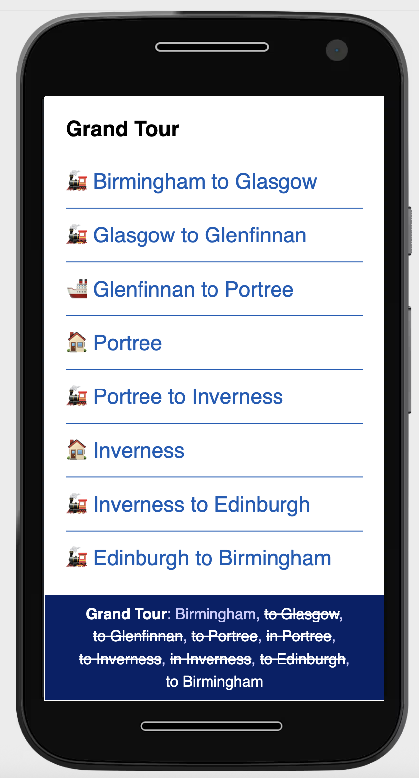 The index page of the site lists all the subpages for each stage of the holiday.